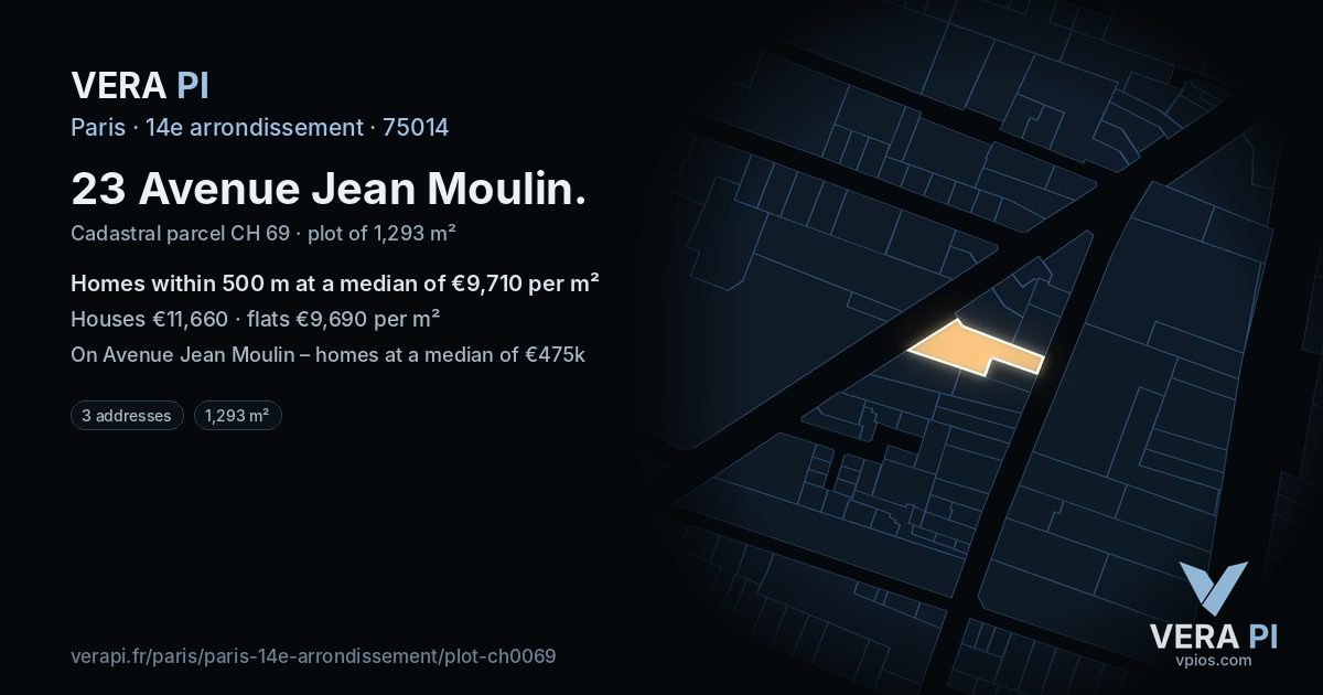 23 Avenue Jean Moulin, 14e arrondissement at night – the plot lit, the parcels around coloured by the prices near them