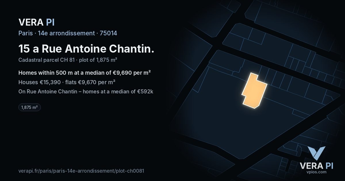 15 a Rue Antoine Chantin, 14e arrondissement at night – the plot lit, the parcels around coloured by the prices near them