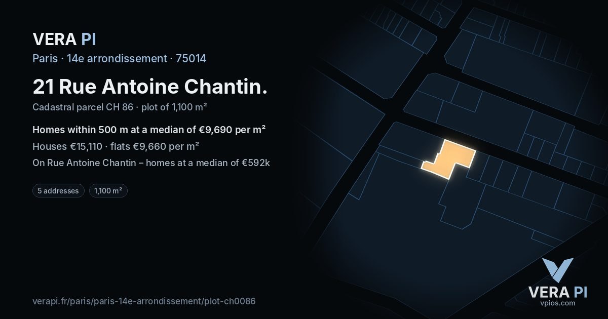 21 Rue Antoine Chantin, 14e arrondissement at night – the plot lit, the parcels around coloured by the prices near them