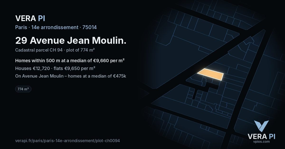 29 Avenue Jean Moulin, 14e arrondissement at night – the plot lit, the parcels around coloured by the prices near them