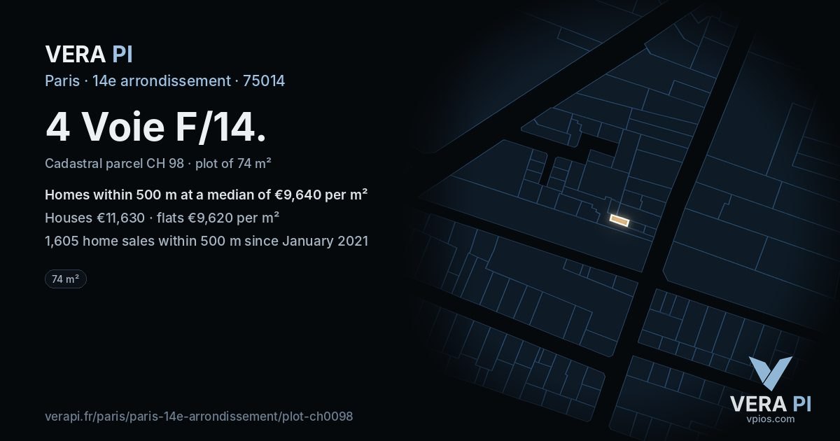 4 Voie F/14, 14e arrondissement at night – the plot lit, the parcels around coloured by the prices near them