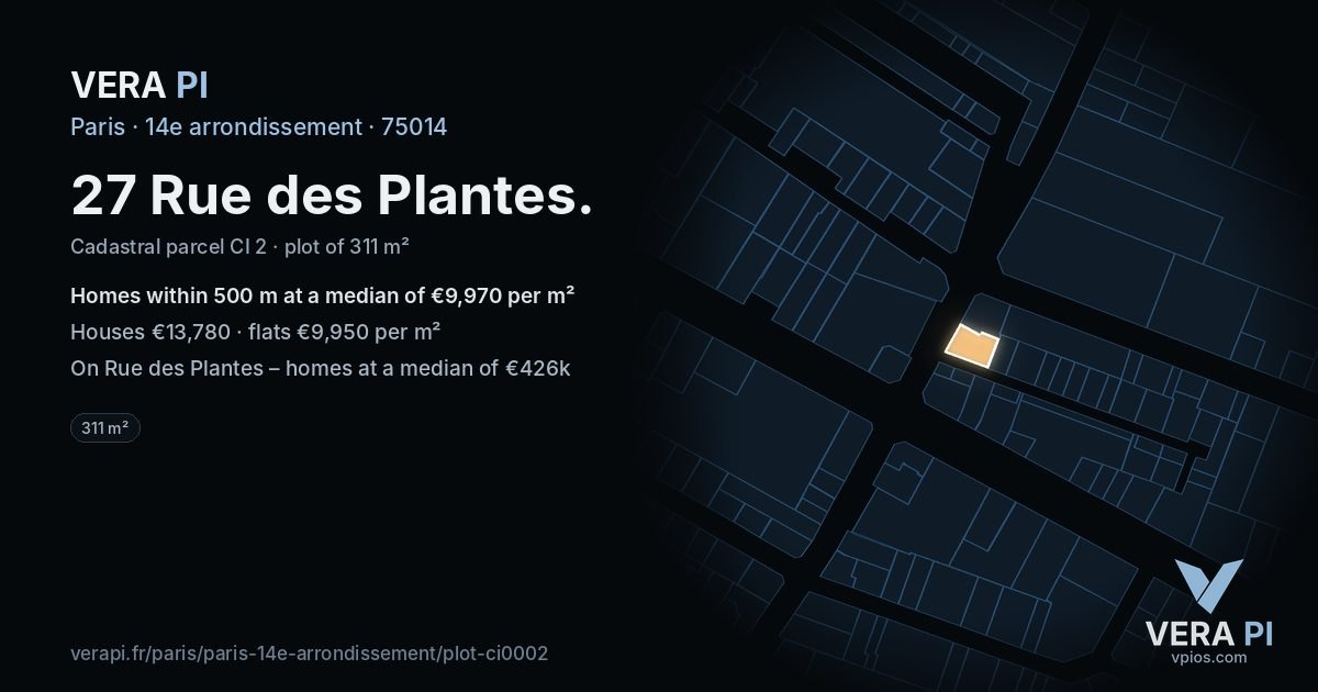 27 Rue des Plantes, 14e arrondissement at night – the plot lit, the parcels around coloured by the prices near them