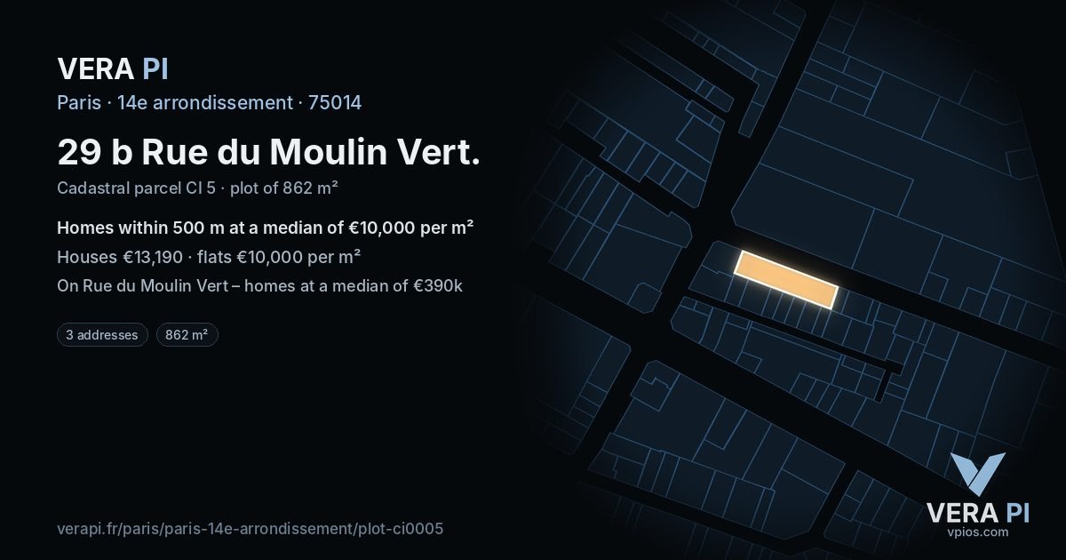 29 b Rue du Moulin Vert, 14e arrondissement at night – the plot lit, the parcels around coloured by the prices near them