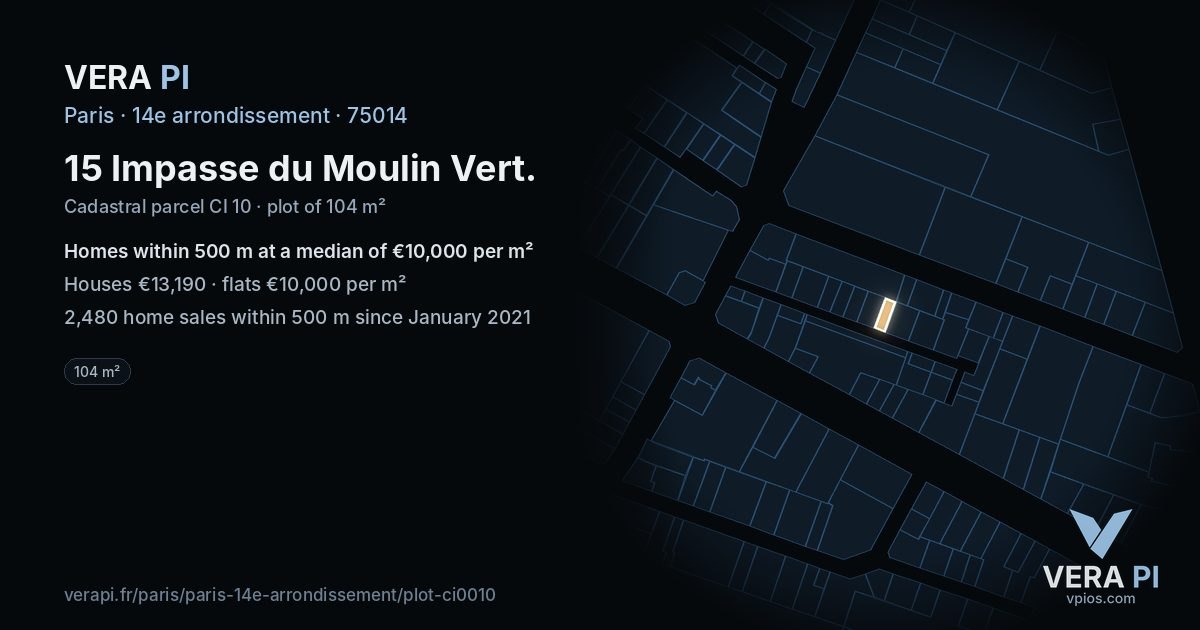 15 Impasse du Moulin Vert, 14e arrondissement at night – the plot lit, the parcels around coloured by the prices near them
