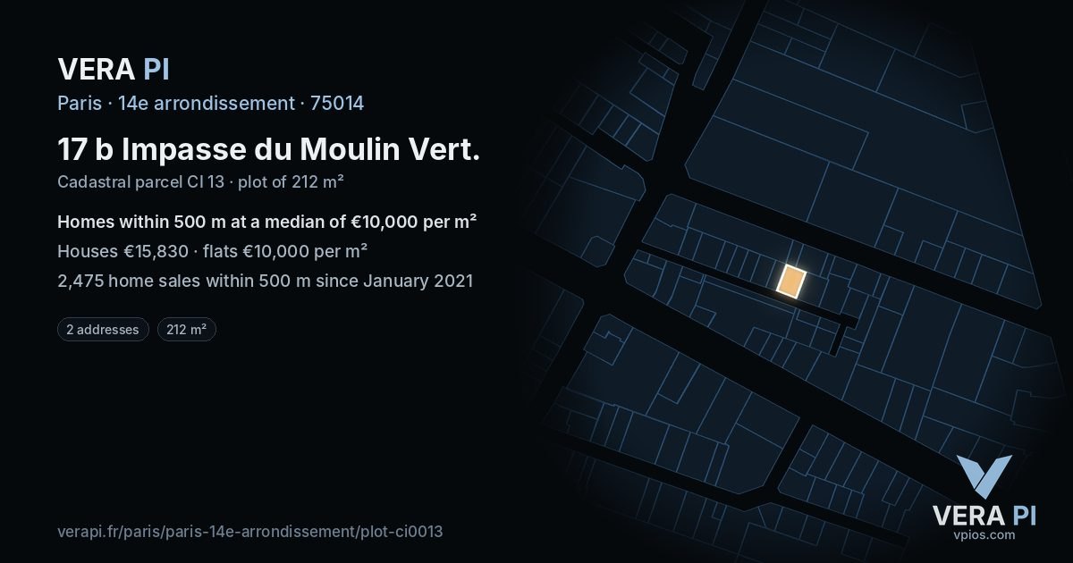 17 b Impasse du Moulin Vert, 14e arrondissement at night – the plot lit, the parcels around coloured by the prices near them