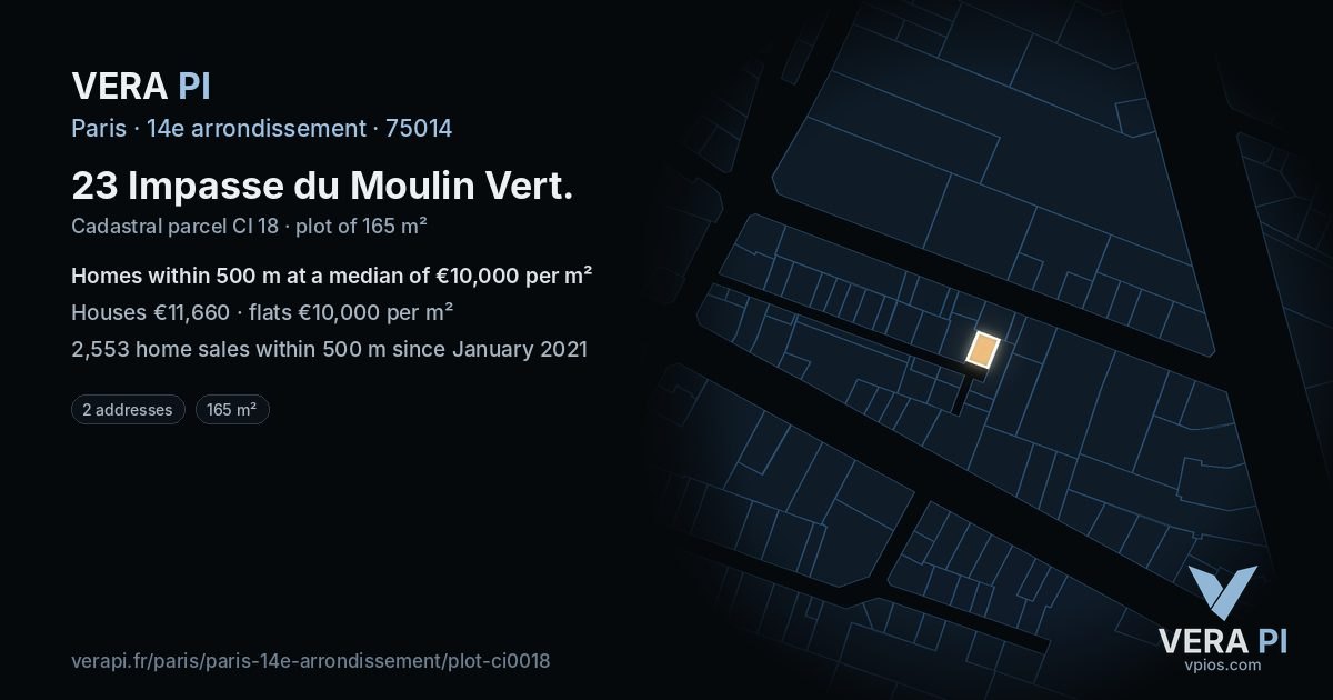 23 Impasse du Moulin Vert, 14e arrondissement at night – the plot lit, the parcels around coloured by the prices near them