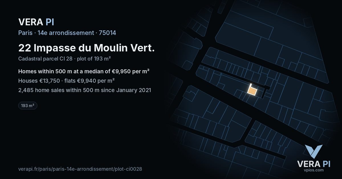 22 Impasse du Moulin Vert, 14e arrondissement at night – the plot lit, the parcels around coloured by the prices near them