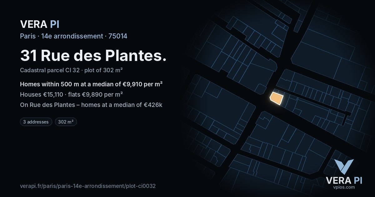 31 Rue des Plantes, 14e arrondissement at night – the plot lit, the parcels around coloured by the prices near them
