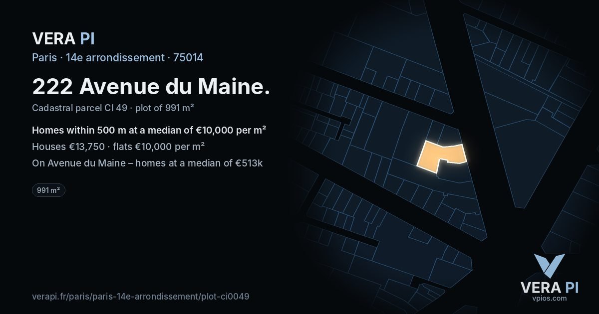 222 Avenue du Maine, 14e arrondissement at night – the plot lit, the parcels around coloured by the prices near them