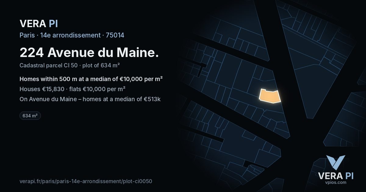 224 Avenue du Maine, 14e arrondissement at night – the plot lit, the parcels around coloured by the prices near them