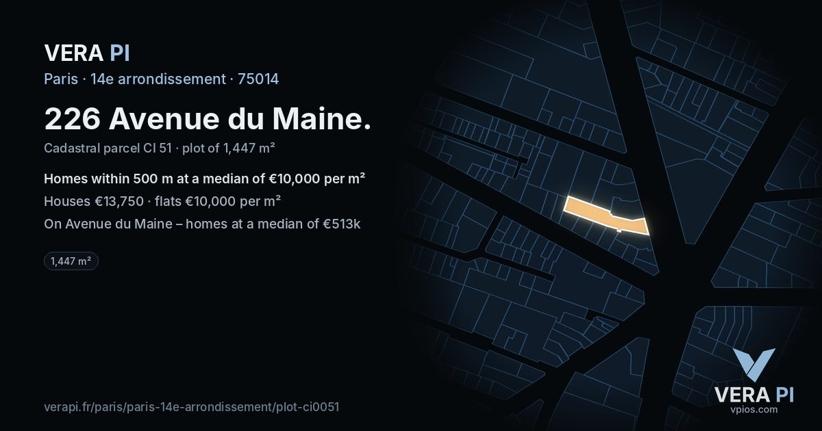 226 Avenue du Maine, 14e arrondissement at night – the plot lit, the parcels around coloured by the prices near them
