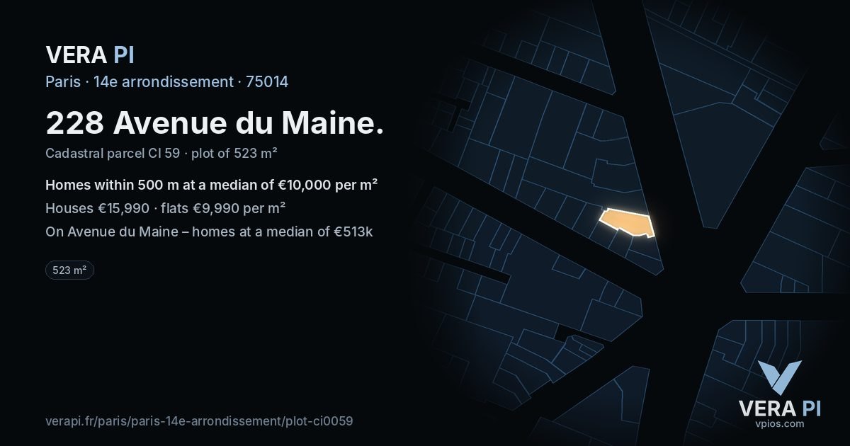 228 Avenue du Maine, 14e arrondissement at night – the plot lit, the parcels around coloured by the prices near them
