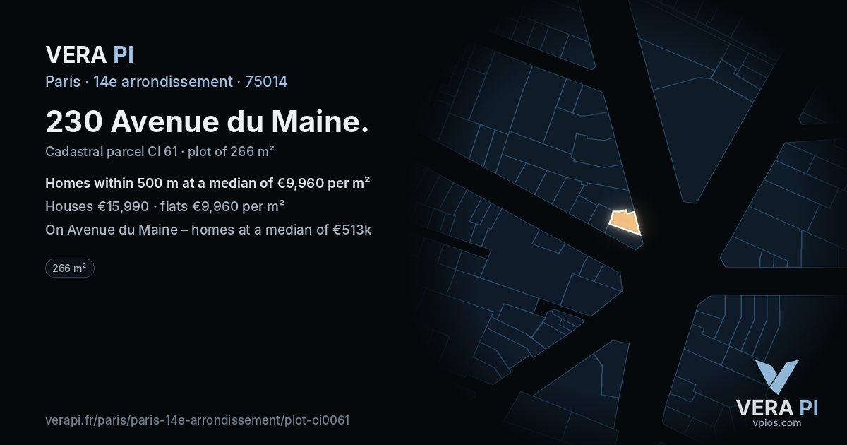 230 Avenue du Maine, 14e arrondissement at night – the plot lit, the parcels around coloured by the prices near them