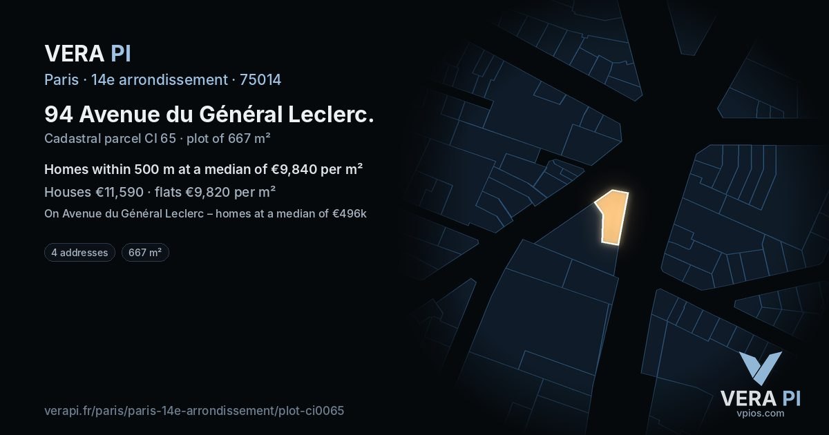 94 Avenue du Général Leclerc, 14e arrondissement at night – the plot lit, the parcels around coloured by the prices near them