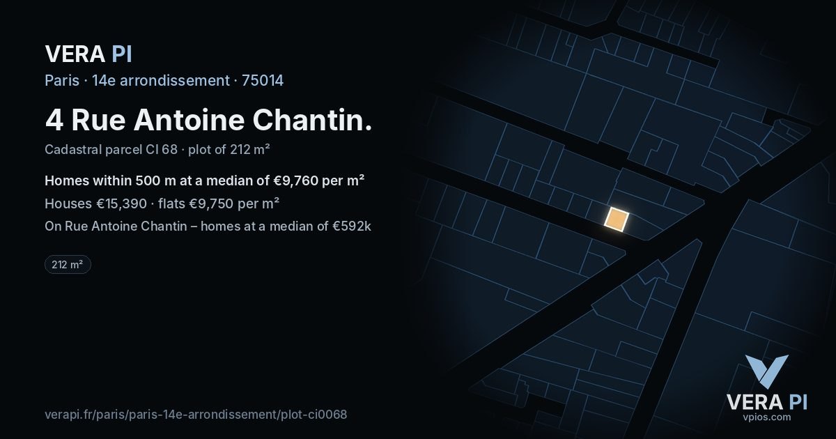 4 Rue Antoine Chantin, 14e arrondissement at night – the plot lit, the parcels around coloured by the prices near them