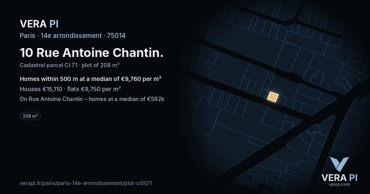 10 Rue Antoine Chantin, 14e arrondissement at night – the plot lit, the parcels around coloured by the prices near them