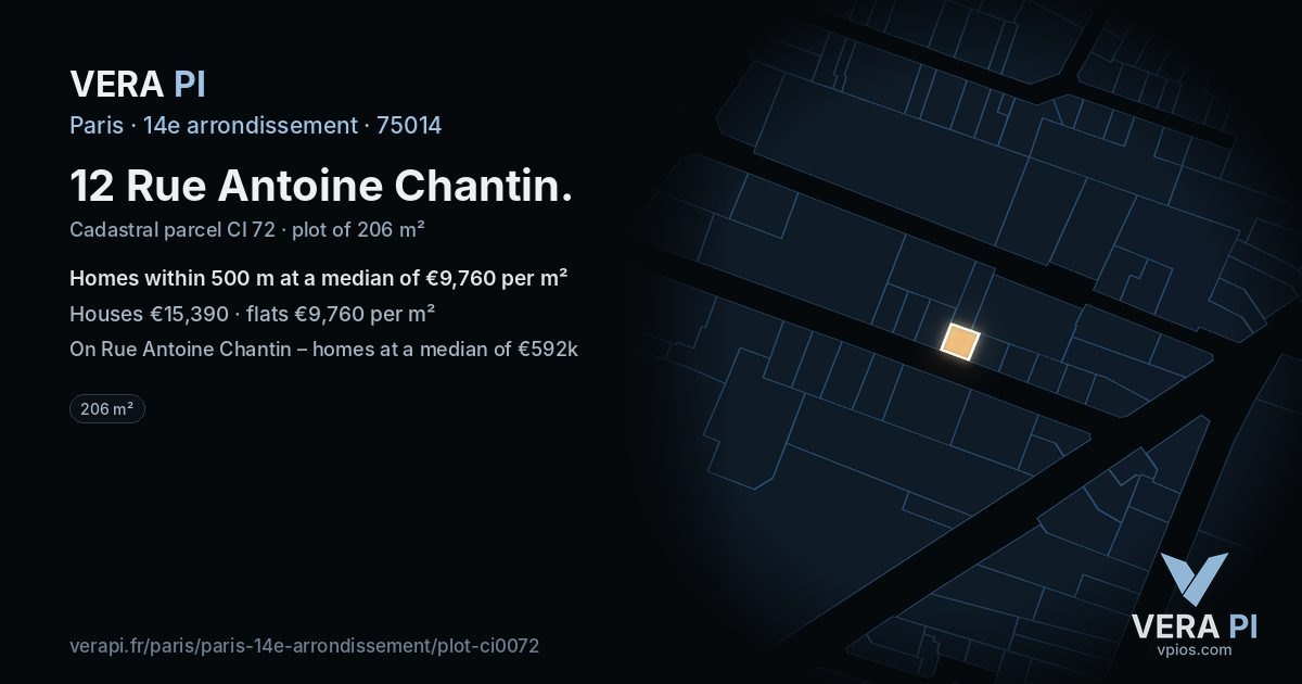 12 Rue Antoine Chantin, 14e arrondissement at night – the plot lit, the parcels around coloured by the prices near them