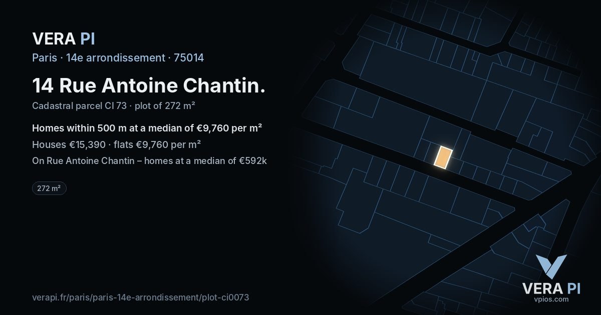 14 Rue Antoine Chantin, 14e arrondissement at night – the plot lit, the parcels around coloured by the prices near them