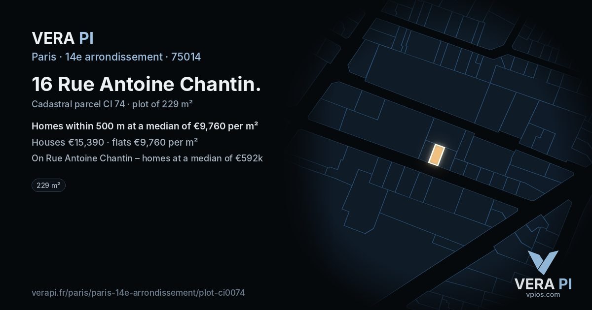 16 Rue Antoine Chantin, 14e arrondissement at night – the plot lit, the parcels around coloured by the prices near them