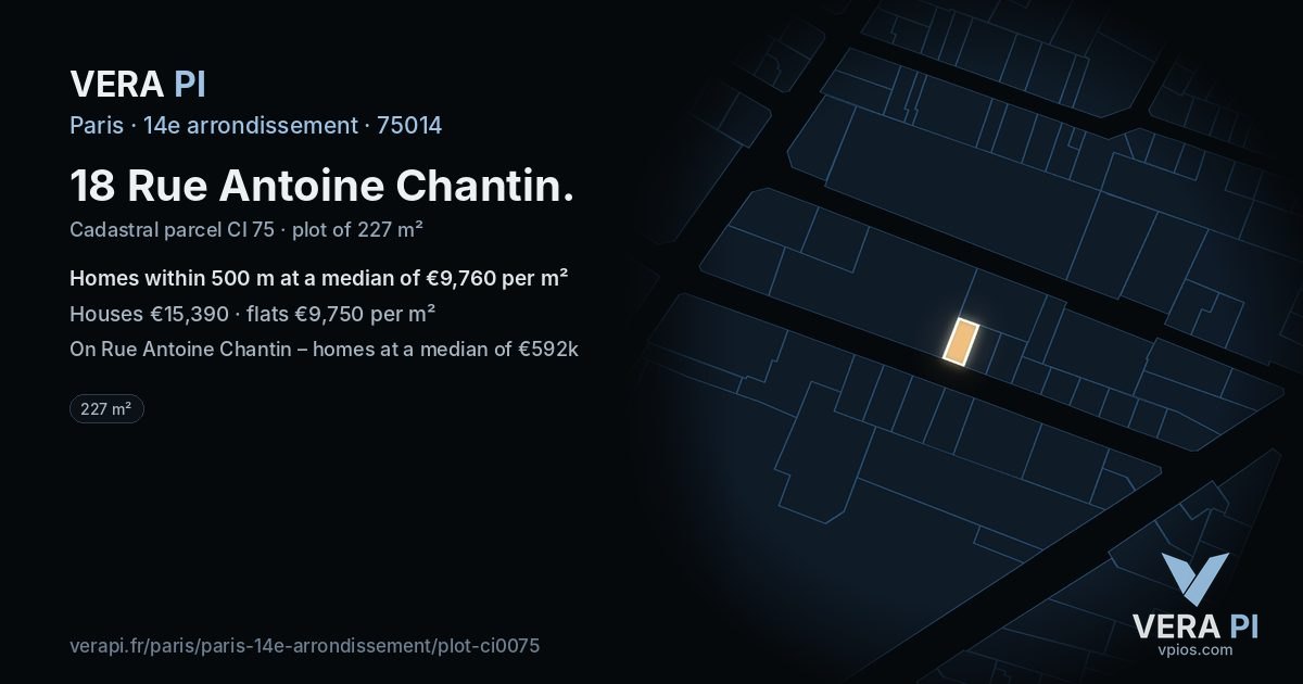 18 Rue Antoine Chantin, 14e arrondissement at night – the plot lit, the parcels around coloured by the prices near them