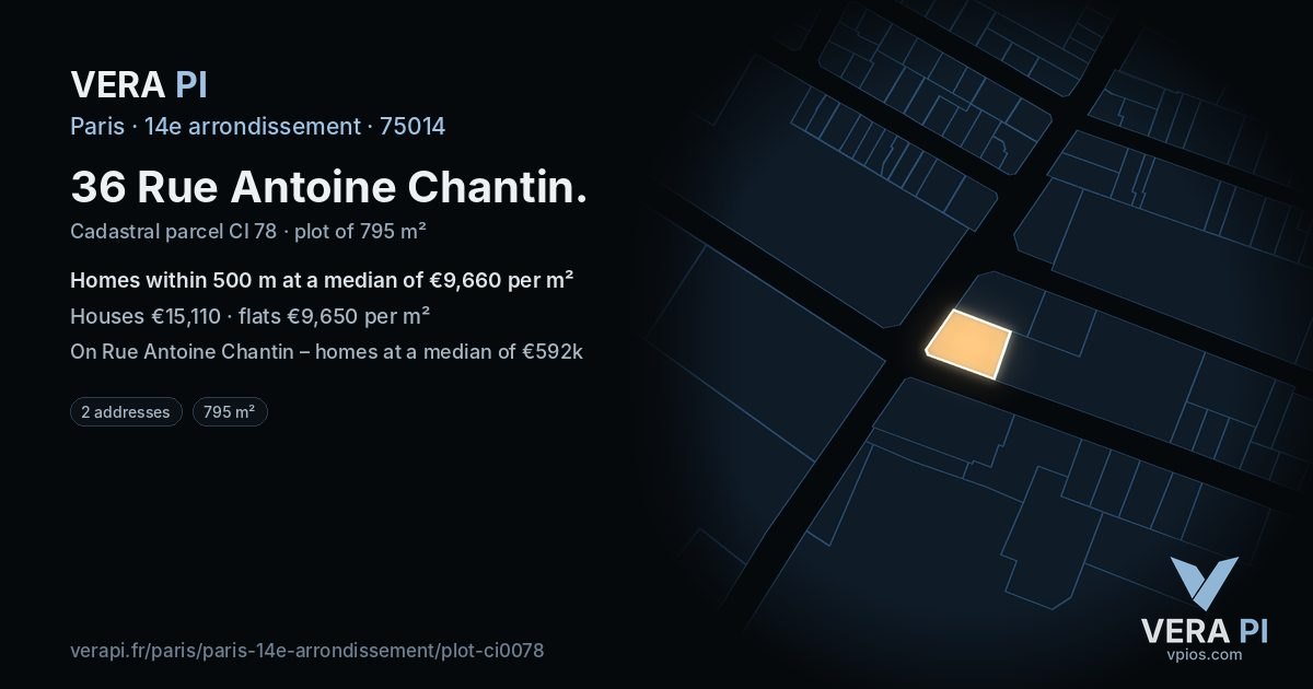 36 Rue Antoine Chantin, 14e arrondissement at night – the plot lit, the parcels around coloured by the prices near them