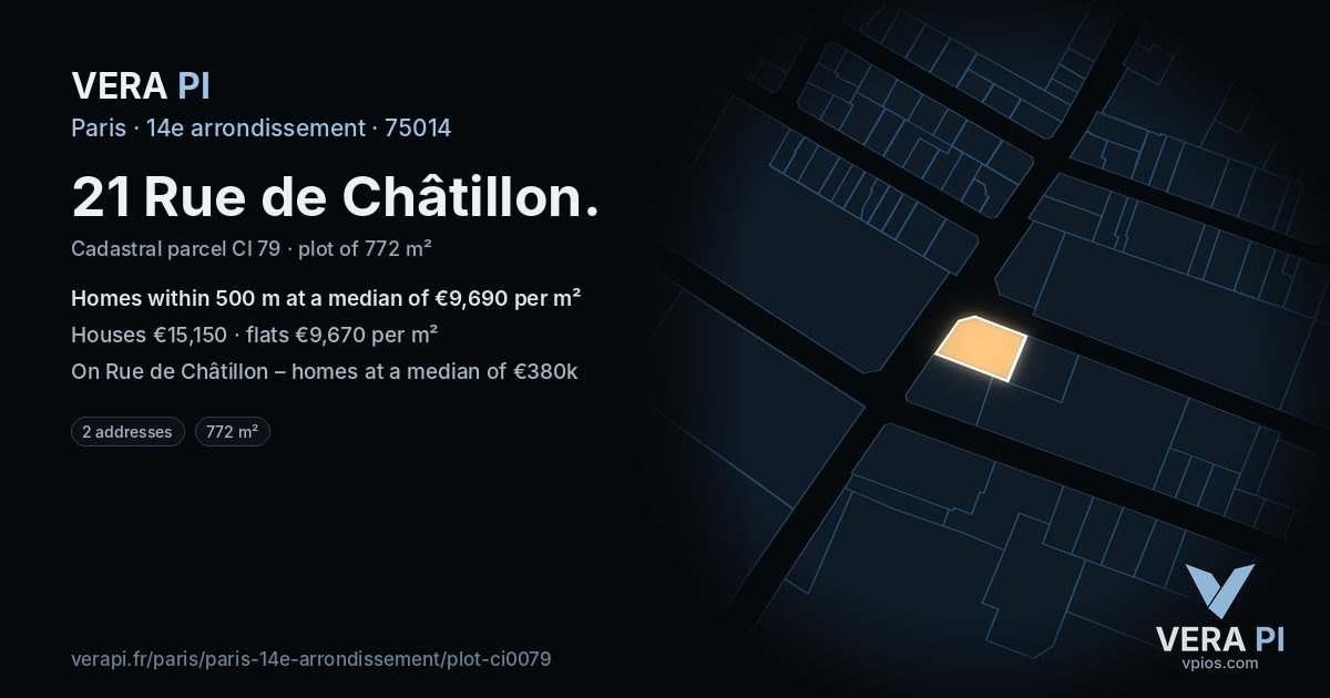 21 Rue de Châtillon, 14e arrondissement at night – the plot lit, the parcels around coloured by the prices near them
