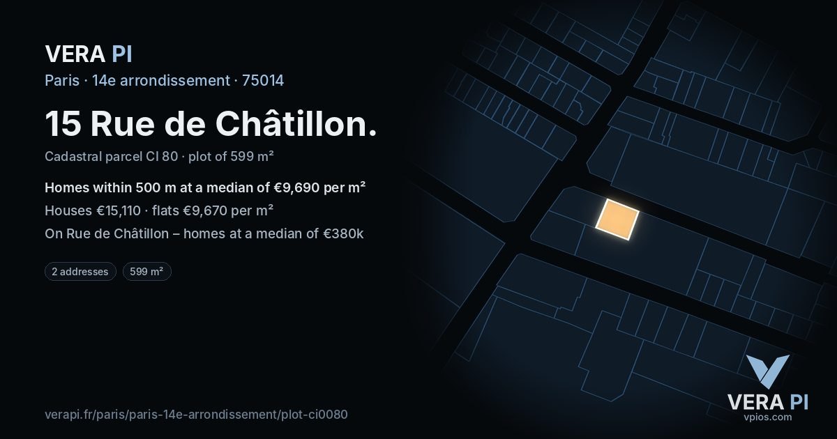 15 Rue de Châtillon, 14e arrondissement at night – the plot lit, the parcels around coloured by the prices near them