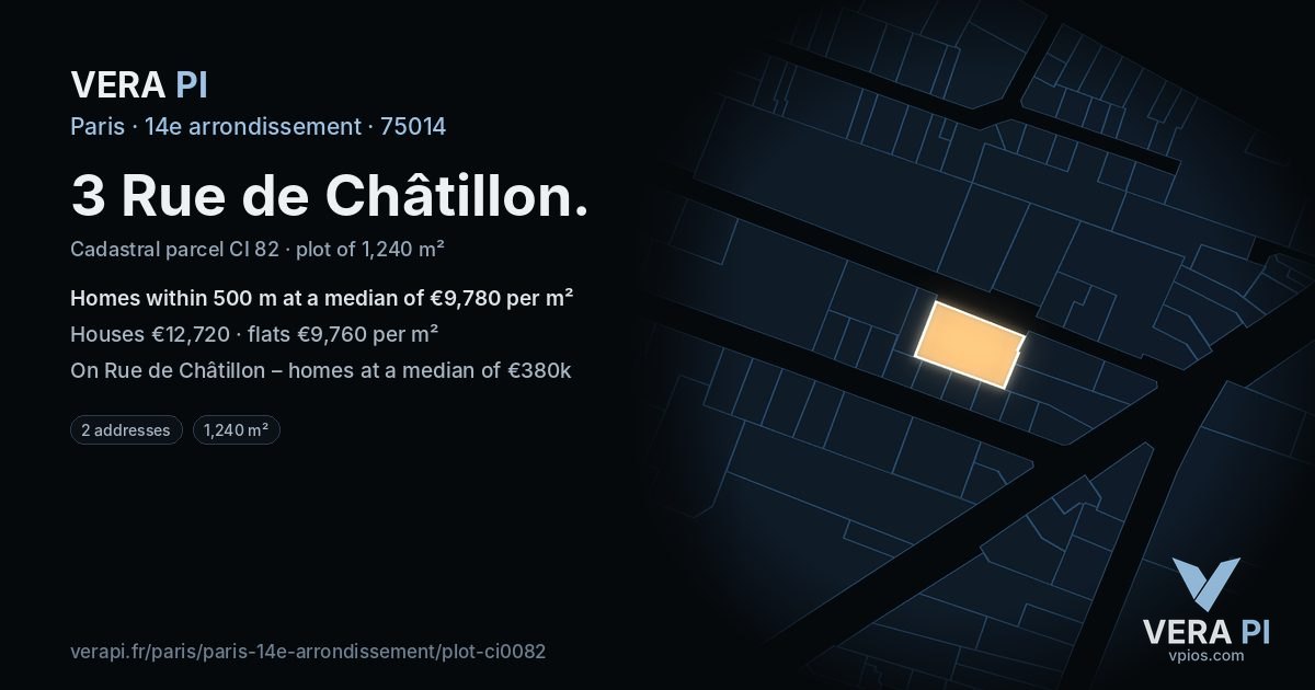 3 Rue de Châtillon, 14e arrondissement at night – the plot lit, the parcels around coloured by the prices near them