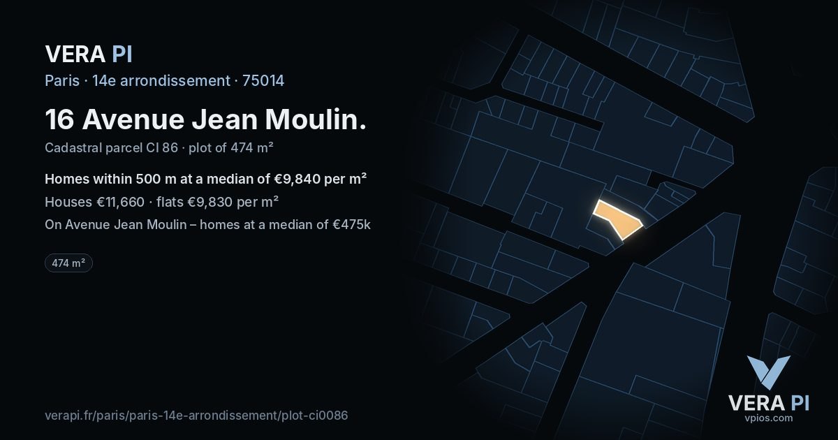 16 Avenue Jean Moulin, 14e arrondissement at night – the plot lit, the parcels around coloured by the prices near them