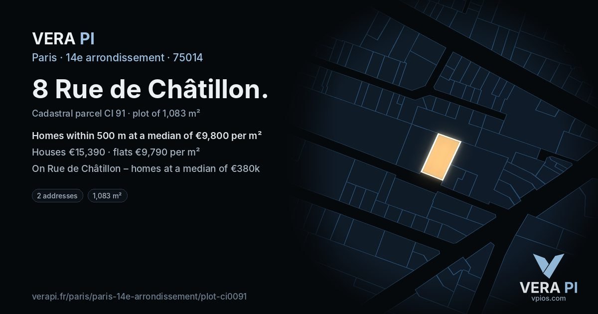 8 Rue de Châtillon, 14e arrondissement at night – the plot lit, the parcels around coloured by the prices near them