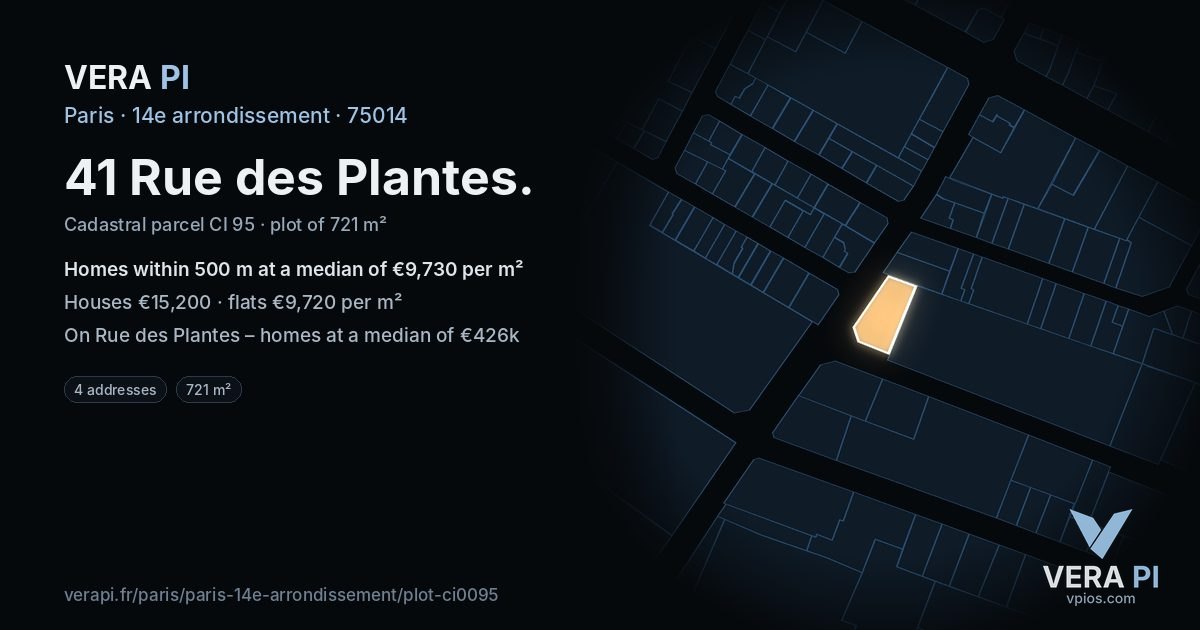 41 Rue des Plantes, 14e arrondissement at night – the plot lit, the parcels around coloured by the prices near them