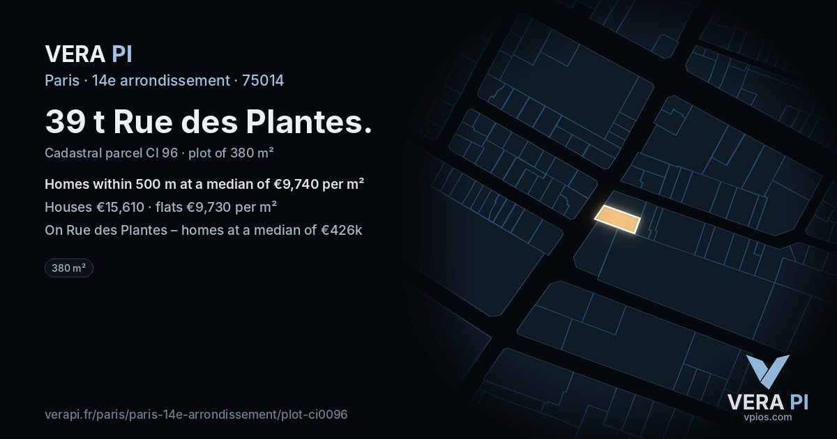 39 t Rue des Plantes, 14e arrondissement at night – the plot lit, the parcels around coloured by the prices near them