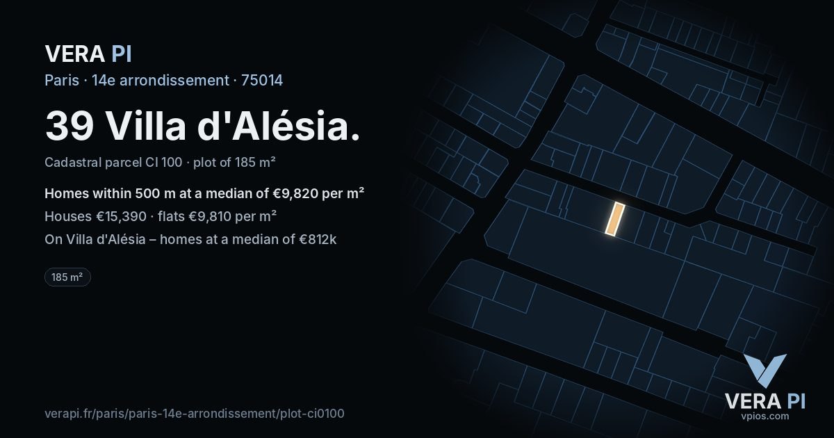 39 Villa d'Alésia, 14e arrondissement at night – the plot lit, the parcels around coloured by the prices near them