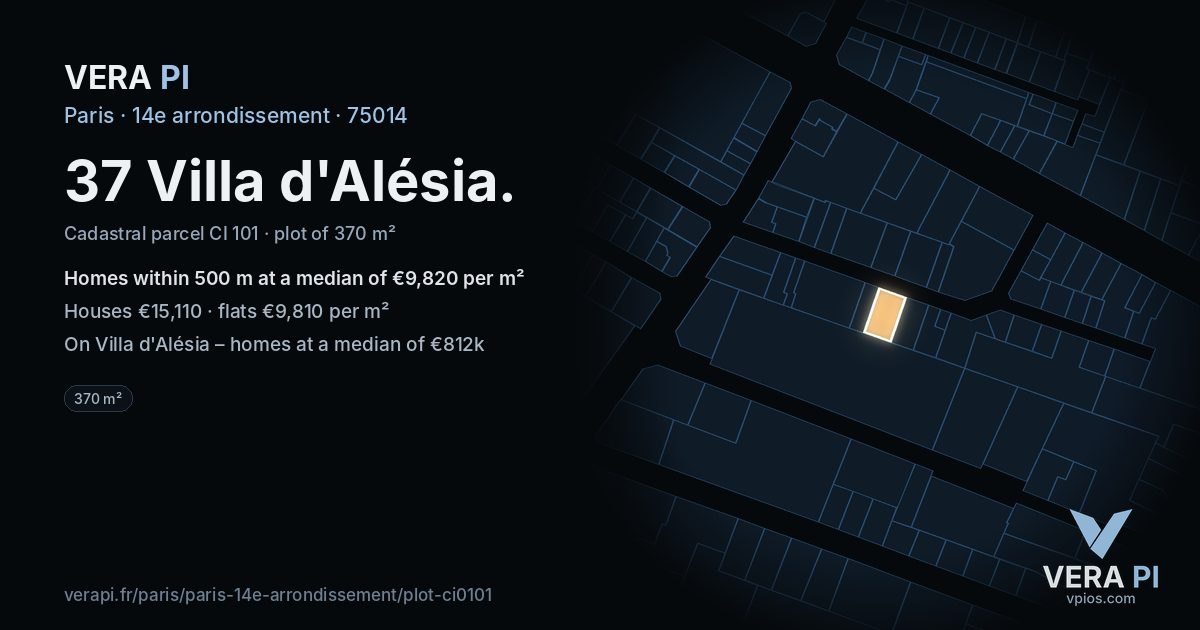 37 Villa d'Alésia, 14e arrondissement at night – the plot lit, the parcels around coloured by the prices near them