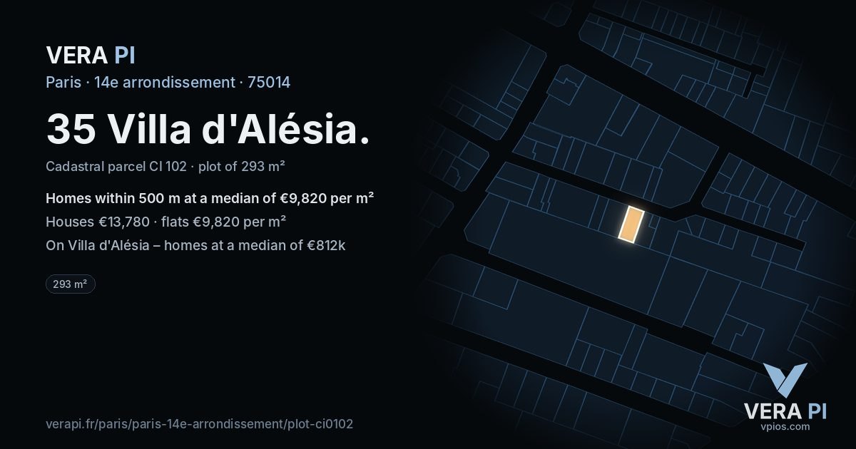 35 Villa d'Alésia, 14e arrondissement at night – the plot lit, the parcels around coloured by the prices near them