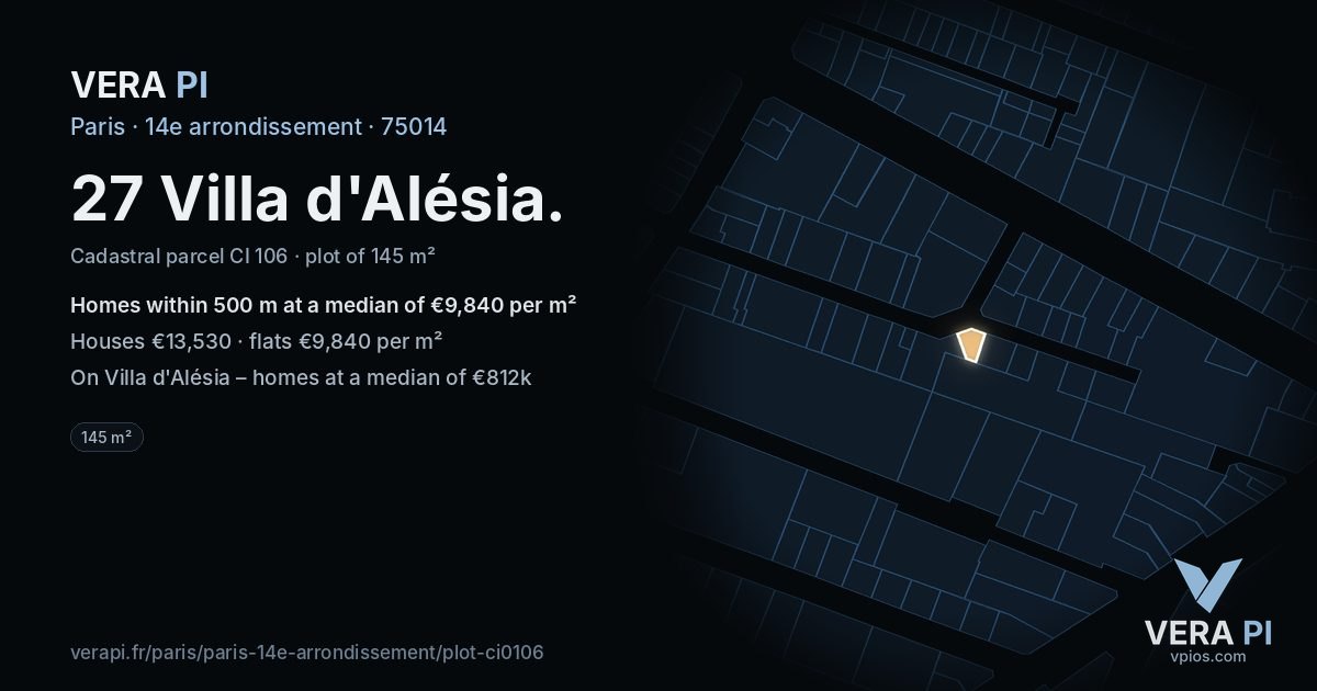 27 Villa d'Alésia, 14e arrondissement at night – the plot lit, the parcels around coloured by the prices near them