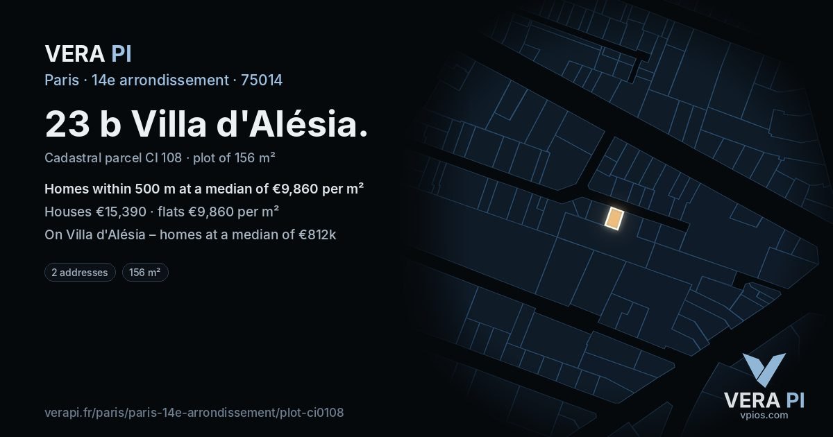 23 b Villa d'Alésia, 14e arrondissement at night – the plot lit, the parcels around coloured by the prices near them