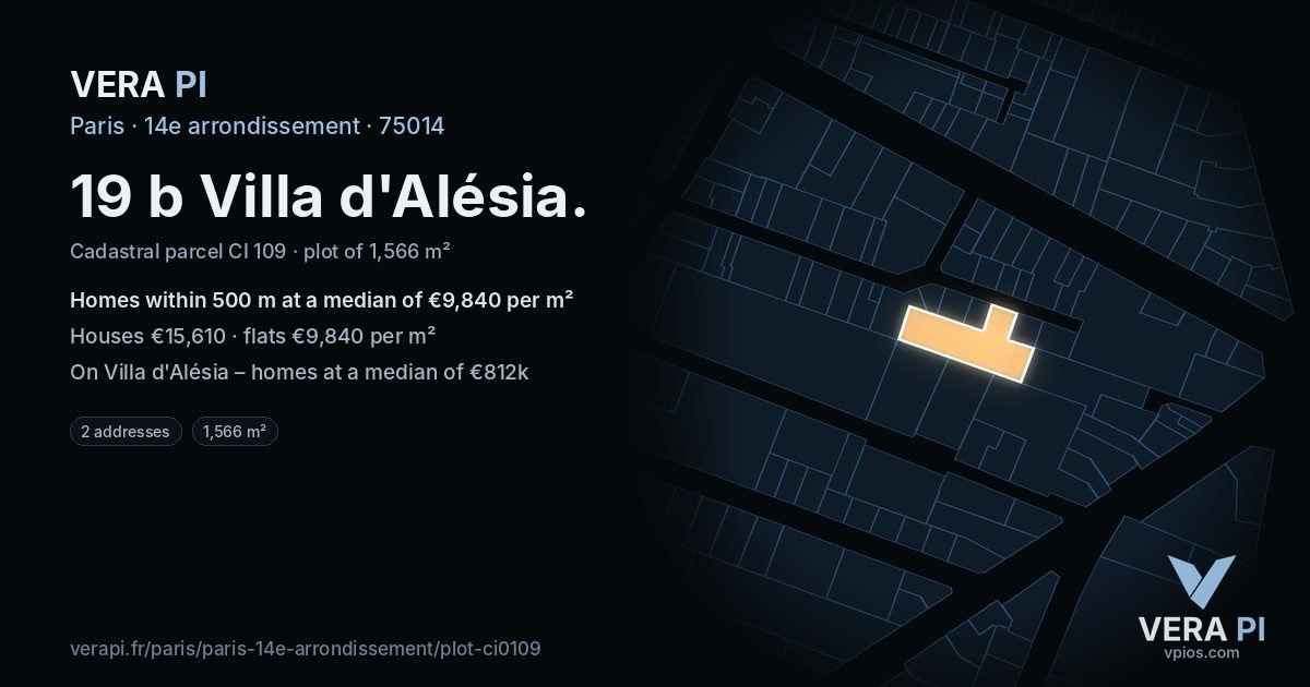 19 b Villa d'Alésia, 14e arrondissement at night – the plot lit, the parcels around coloured by the prices near them