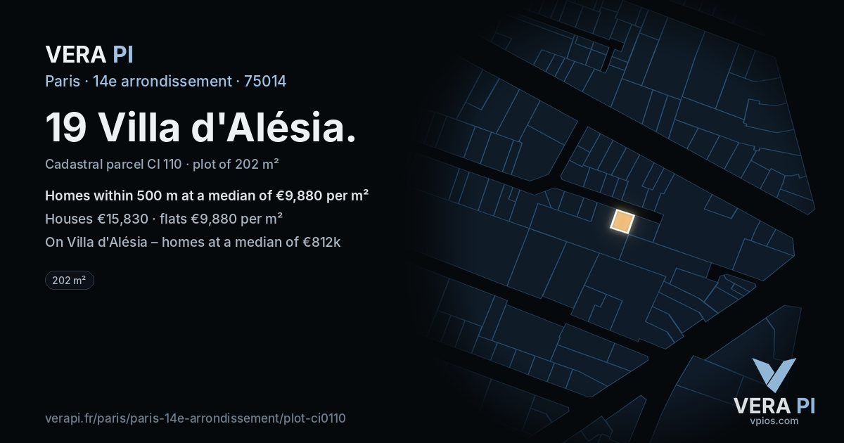 19 Villa d'Alésia, 14e arrondissement at night – the plot lit, the parcels around coloured by the prices near them