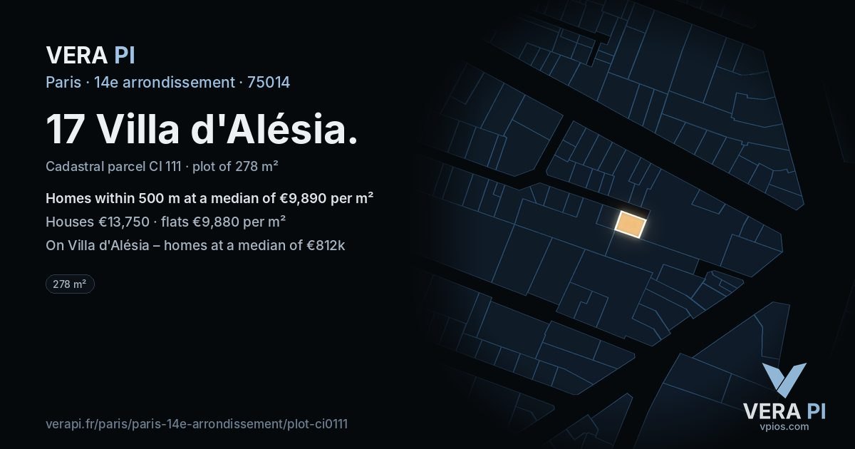 17 Villa d'Alésia, 14e arrondissement at night – the plot lit, the parcels around coloured by the prices near them