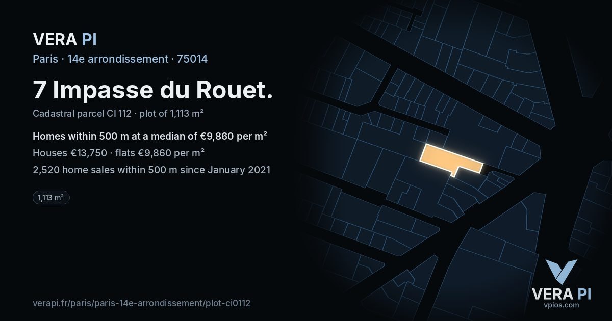 7 Impasse du Rouet, 14e arrondissement at night – the plot lit, the parcels around coloured by the prices near them