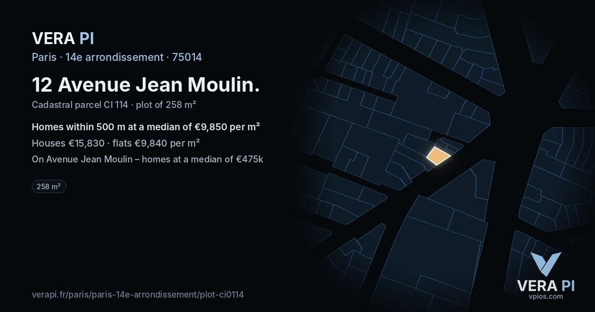 12 Avenue Jean Moulin, 14e arrondissement at night – the plot lit, the parcels around coloured by the prices near them