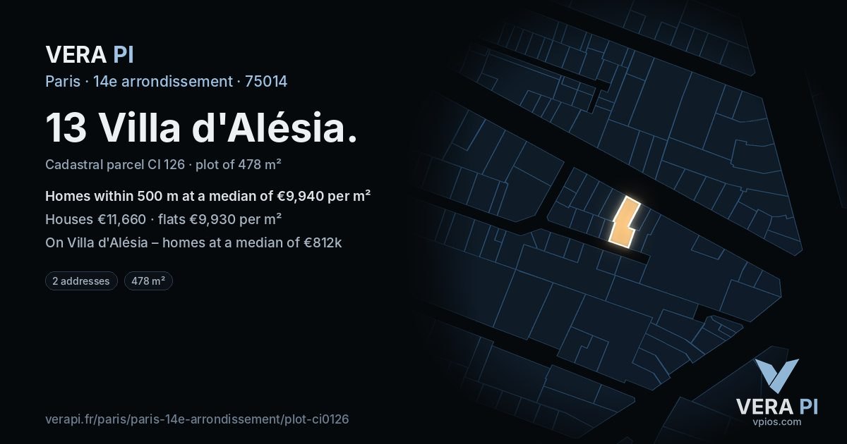 13 Villa d'Alésia, 14e arrondissement at night – the plot lit, the parcels around coloured by the prices near them