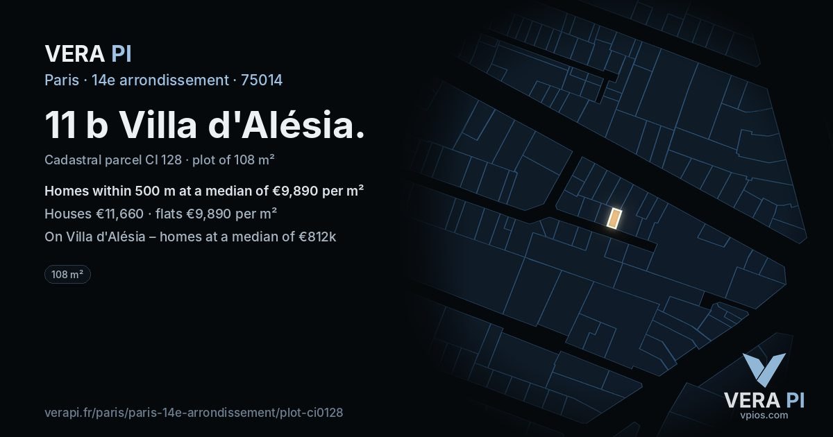 11 b Villa d'Alésia, 14e arrondissement at night – the plot lit, the parcels around coloured by the prices near them