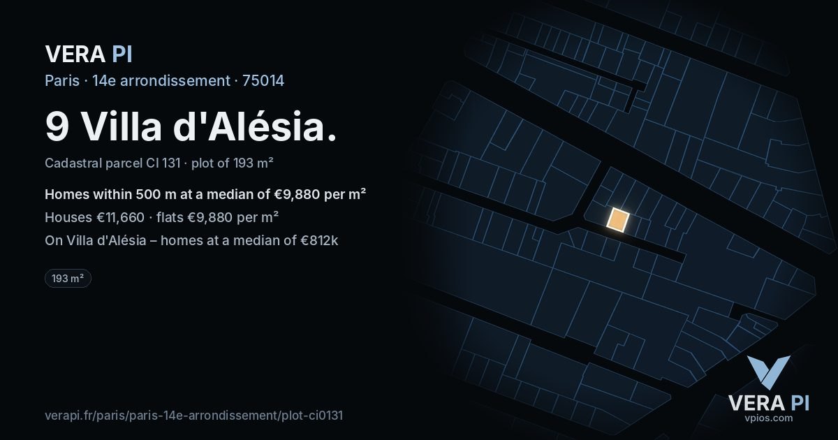 9 Villa d'Alésia, 14e arrondissement at night – the plot lit, the parcels around coloured by the prices near them