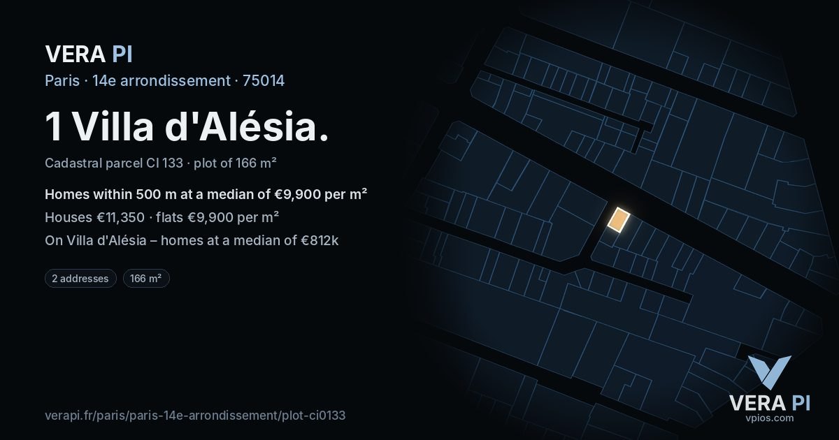 1 Villa d'Alésia, 14e arrondissement at night – the plot lit, the parcels around coloured by the prices near them