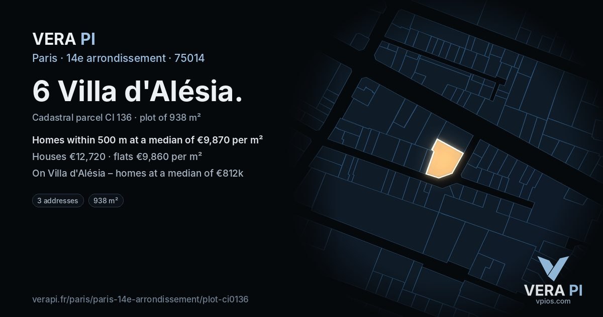6 Villa d'Alésia, 14e arrondissement at night – the plot lit, the parcels around coloured by the prices near them