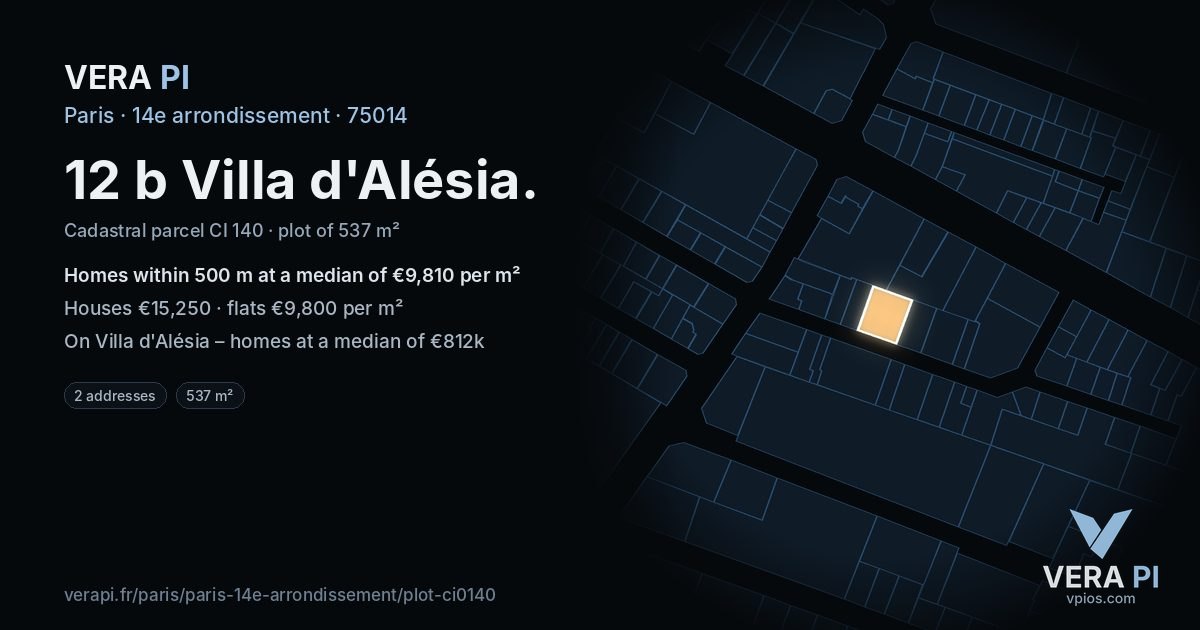 12 b Villa d'Alésia, 14e arrondissement at night – the plot lit, the parcels around coloured by the prices near them