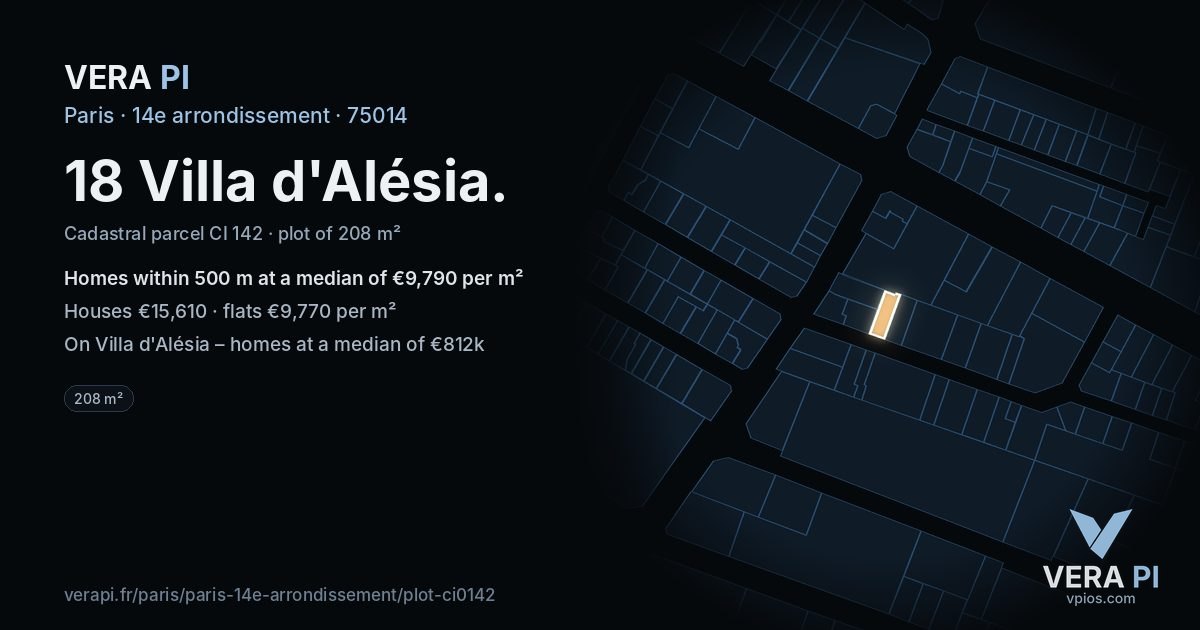 18 Villa d'Alésia, 14e arrondissement at night – the plot lit, the parcels around coloured by the prices near them