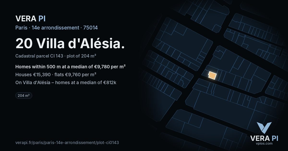 20 Villa d'Alésia, 14e arrondissement at night – the plot lit, the parcels around coloured by the prices near them